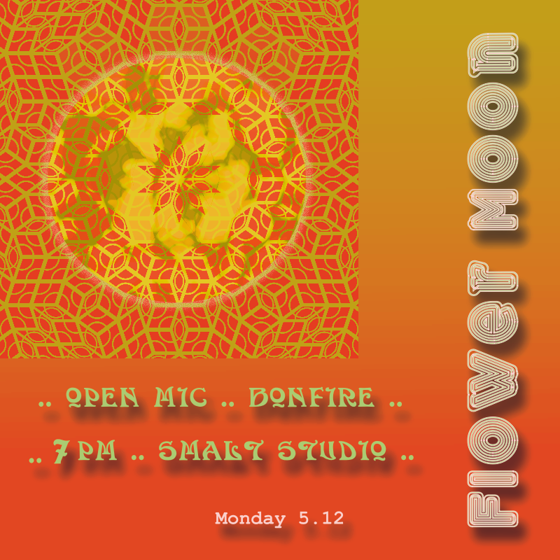 A square graphic announcing an open mic event for the full moon at Smalt Studio on May 12 at 7pm